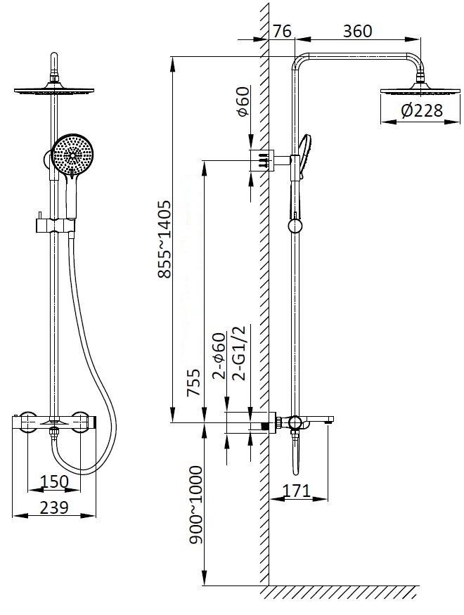 Душевая стойка Rondo VSFS-1R1GM с изливом, вороненая сталь