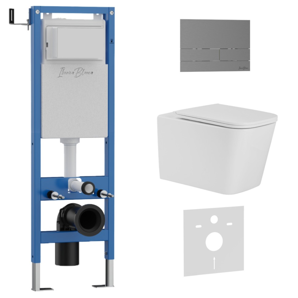Комплект 3в1 IBERICA BLANCA инсталляция SILENCIO MINI, унитаз TOLEDO ALTO белый, кнопка смыва INOX-S вороненая сталь (IB.001M.TLA.231.1602)