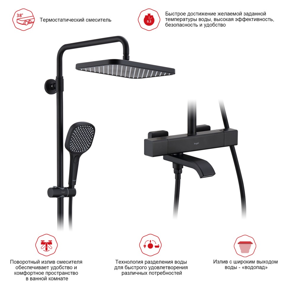 Душевая система Raglo с термостатом для ванны R22.26.06 Черный
