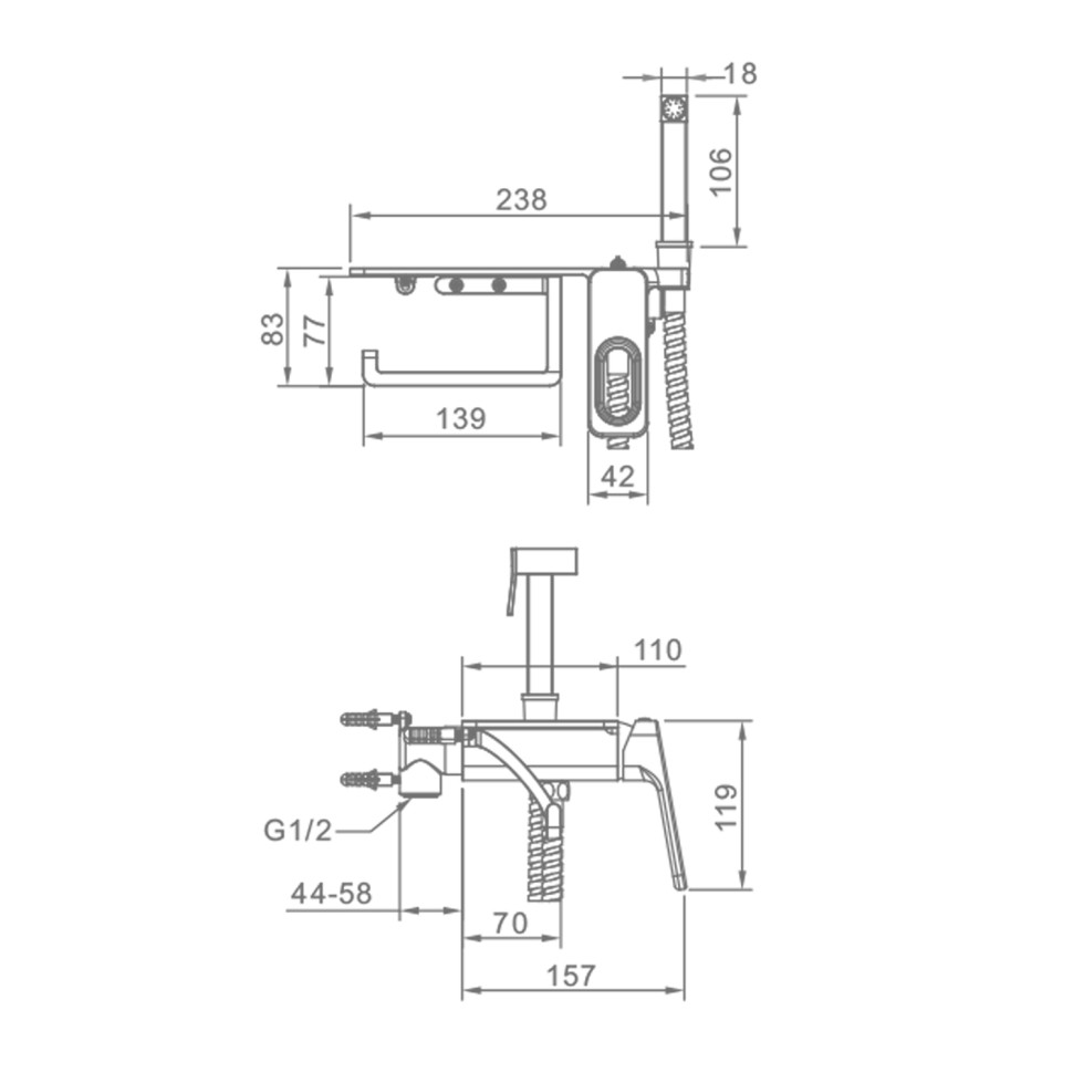 Смеситель Raglo встраиваемый с гигиеническим душем и полкой и бумагодержателем R51.55.03 Сатин золотой