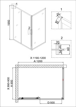 Душевое ограждение Niagara Nova NG-42-12AG-A90G (120х90х195) прямоугольник,золото,двери раздвижные,стекло прозрачное,2 места