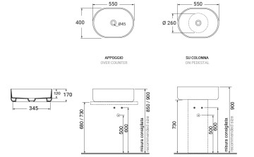 Раковина накладная овальная GSI AltaCeramica AC30236 550 × 400 мм, без отверстия под смеситель, цвет под черный мрамор Marbled black