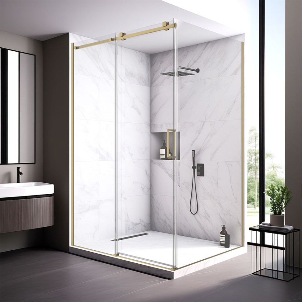 Душевой угол Veconi Rovigo RV-075G, 1200х1000х2000 золото брашинг, стекло прозрачное