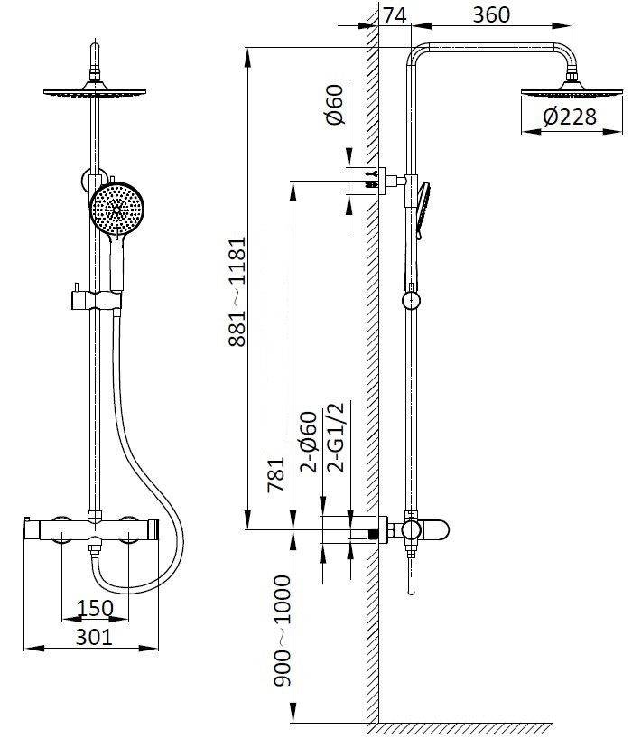 Душевая стойка Rondo VSFS-1R0MB без излива, черный матовый