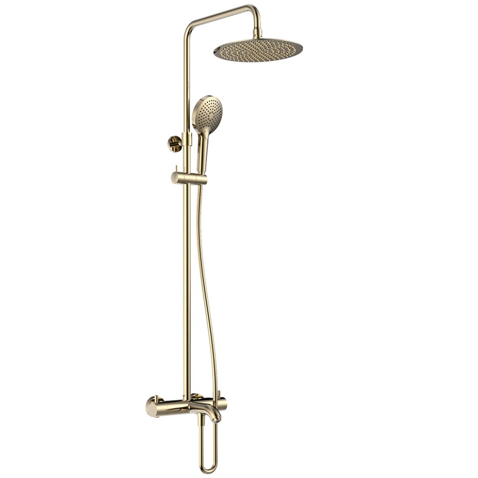 AQM8008GG Душ. сист. с терм. и изливом, O250, лейка 3 реж, высота 1100-1500мм, Glossy gold