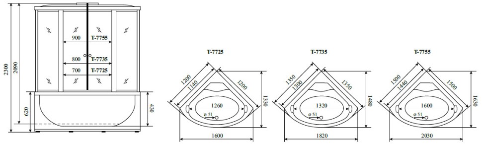 Timo Lux T-7735 Clean Glass душевая кабина 135*135*230, турецкая баня хамам