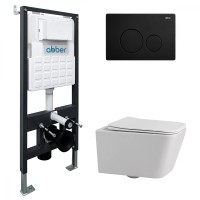 Комплект подвесной унитаз ABBER Rechteck AC1201 белый с инсталляцией AC0105 и кнопкой AC0121MB черный матовый
