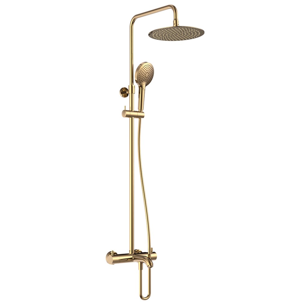 AQM8008BG Душ. сист. с терм. и изливом, O250, лейка 3 реж, высота 1100-1500мм, Brushed gold