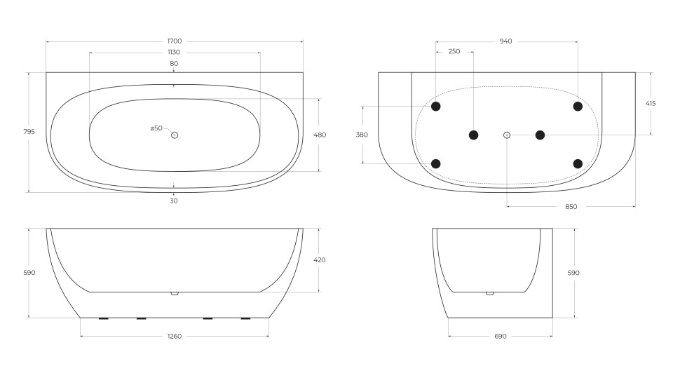 Акриловая ванна без перелива BELBAGNO BB83-1700-W0