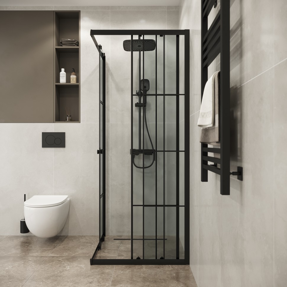 Душевое ограждение Niagara Eco NG-1009-14QKL (90х90х190) квадрат,раздвижное,черный,стекло клетка,1 место