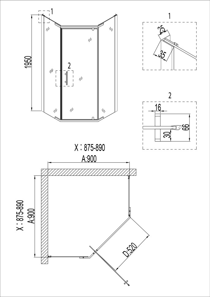 Душевое ограждение Niagara Nova NG-6605-08 (90х90х195) трапеция,хром,дверь распашная,стекло прозрачное,1 место
