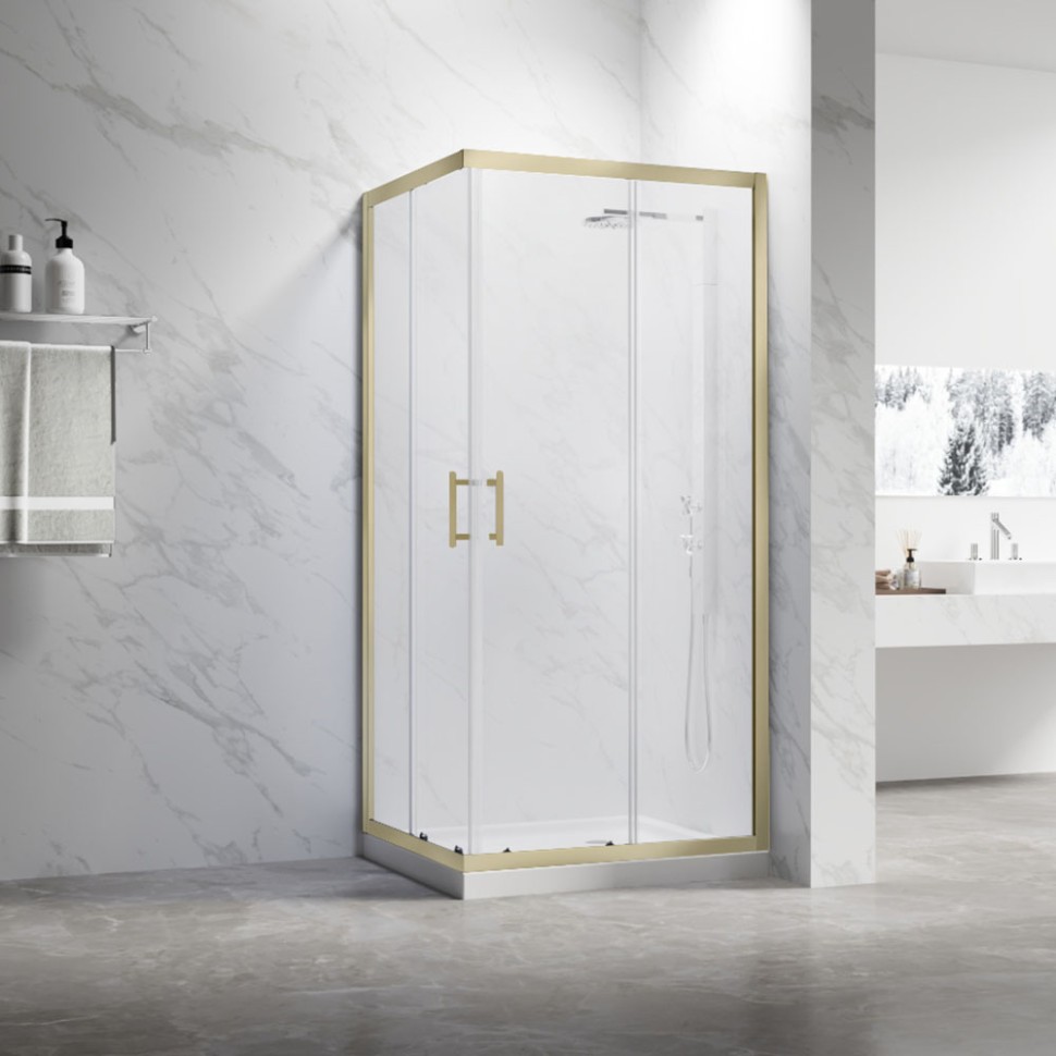 Душевой угол Veconi Rovigo RV-27G, 1100x800x1900, золото брашинг, прозрачное стекло