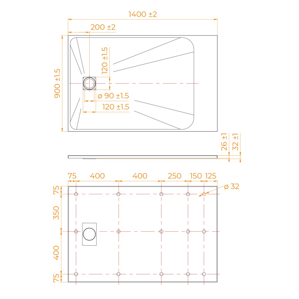 Душевой поддон прямоугольный RGW TSS-W Белый (900x1400)