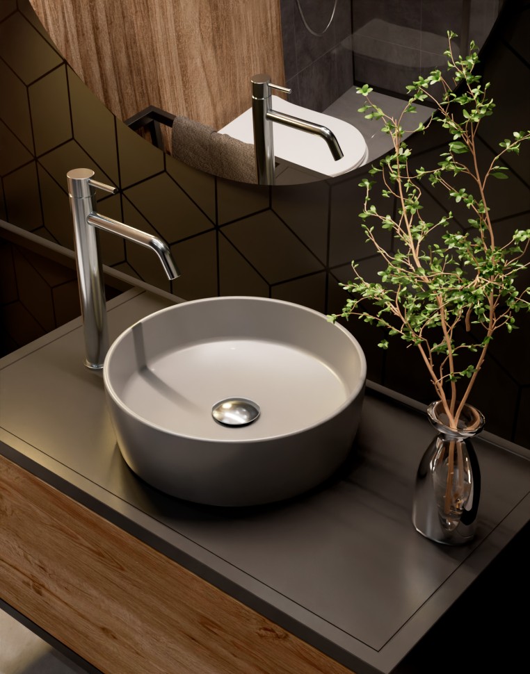 AQM5012 Раковина накладная круглая, цвет светло-серый матовый. 355x355x120