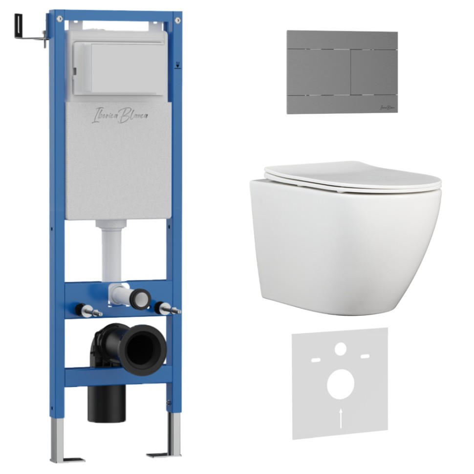 Комплект 3в1 IBERICA BLANCA инсталляция SILENCIO MINI, унитаз BILBAO ALTO белый, кнопка смыва INOX-R вороненая сталь (IB.001M.BLA.231.1502)