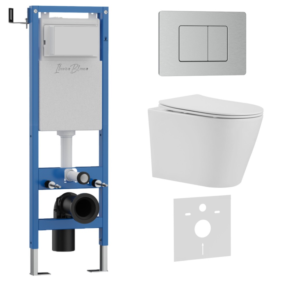 Комплект 3в1 IBERICA BLANCA инсталляция SILENCIO MINI, унитаз BURGOS ALTO белый, кнопка смыва INOX-C хром матовый (IB.001M.BRA.231.1132)