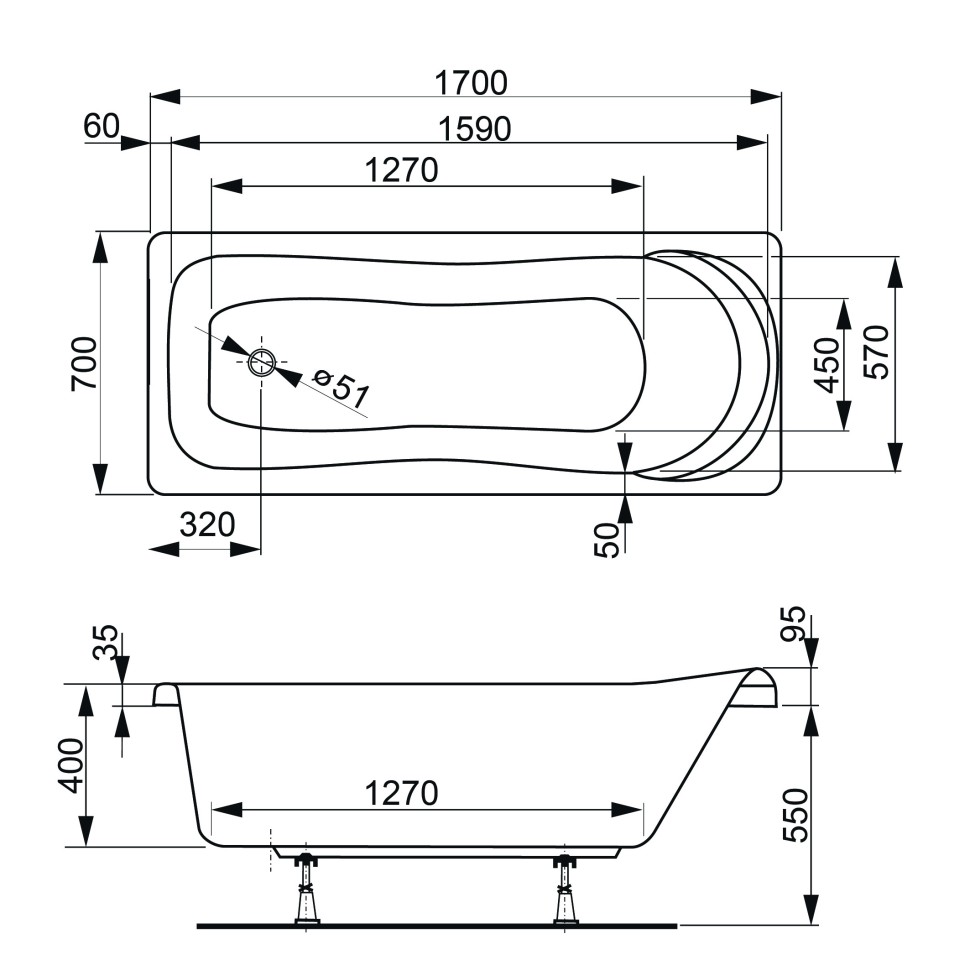 Акриловая ванна VAGNERPLAST PENELOPE 170x70