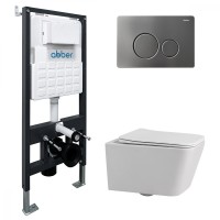 Комплект подвесной унитаз ABBER Rechteck AC1201 белый с инсталляцией AC0105 и кнопкой AC0121NG никель
