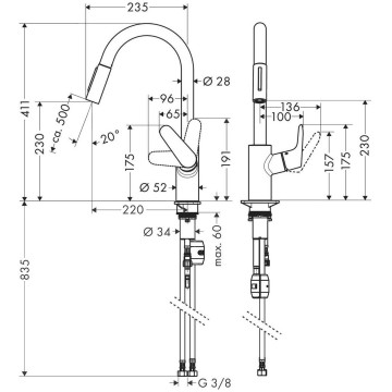 Смеситель для кухни Hansgrohe Focus 240, 31815670 с выдвижным душем черный матовый