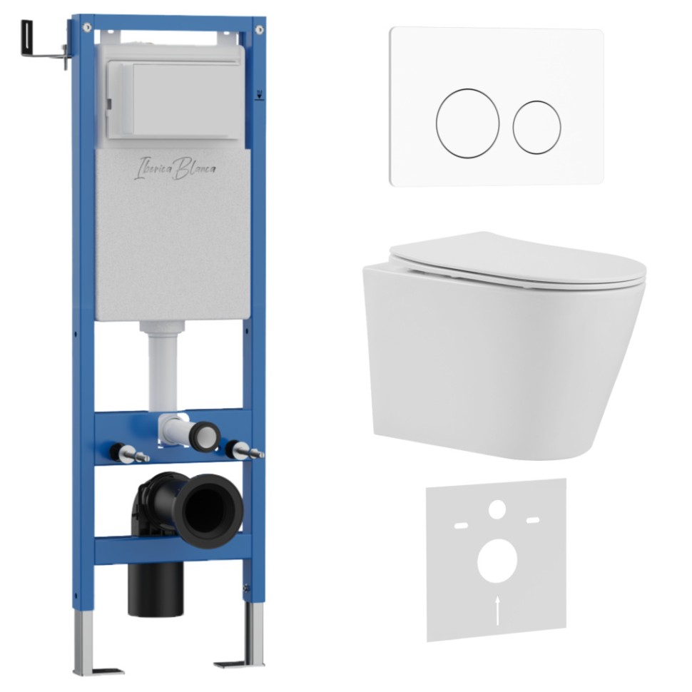 Комплект 3в1 IBERICA BLANCA инсталляция SILENCIO MINI, унитаз BURGOS ALTO белый, кнопка смыва INOX-O белый матовый (IB.001M.BRA.231.811)