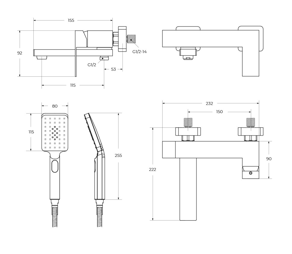 Смеситель для ванны и душа в комплекте с ручным душем, шлангом и держателем CEZARES SLIDER-VD-GM