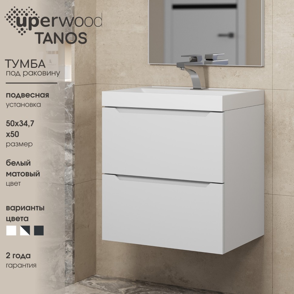 Тумба под раковину для ванной Uperwood Tanos 50 см, подвесная, белая матовая
