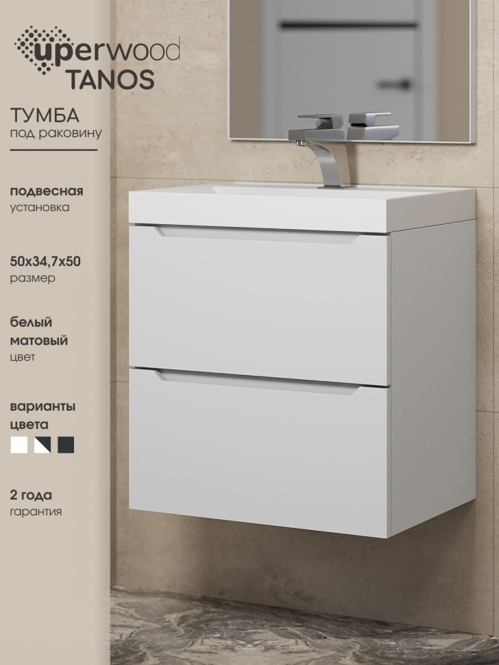 Тумба под раковину для ванной Uperwood Tanos 50 см, подвесная, белая матовая
