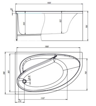 Комплект Акриловая ванна TIMO IVA1610L 160*100*70+Каркас + Слив-перелив+Гидромассаж 6 форсунок+Фронтальная панель