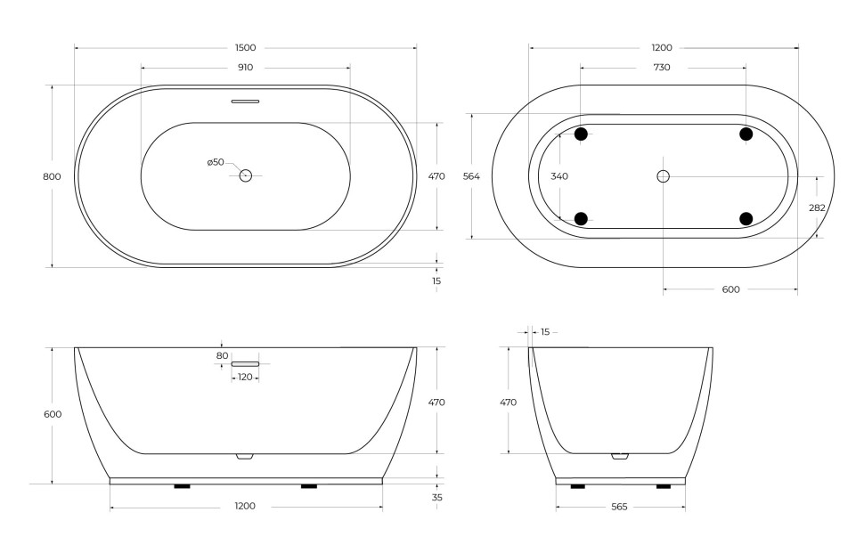Акриловая ванна BELBAGNO BB413-1500-800