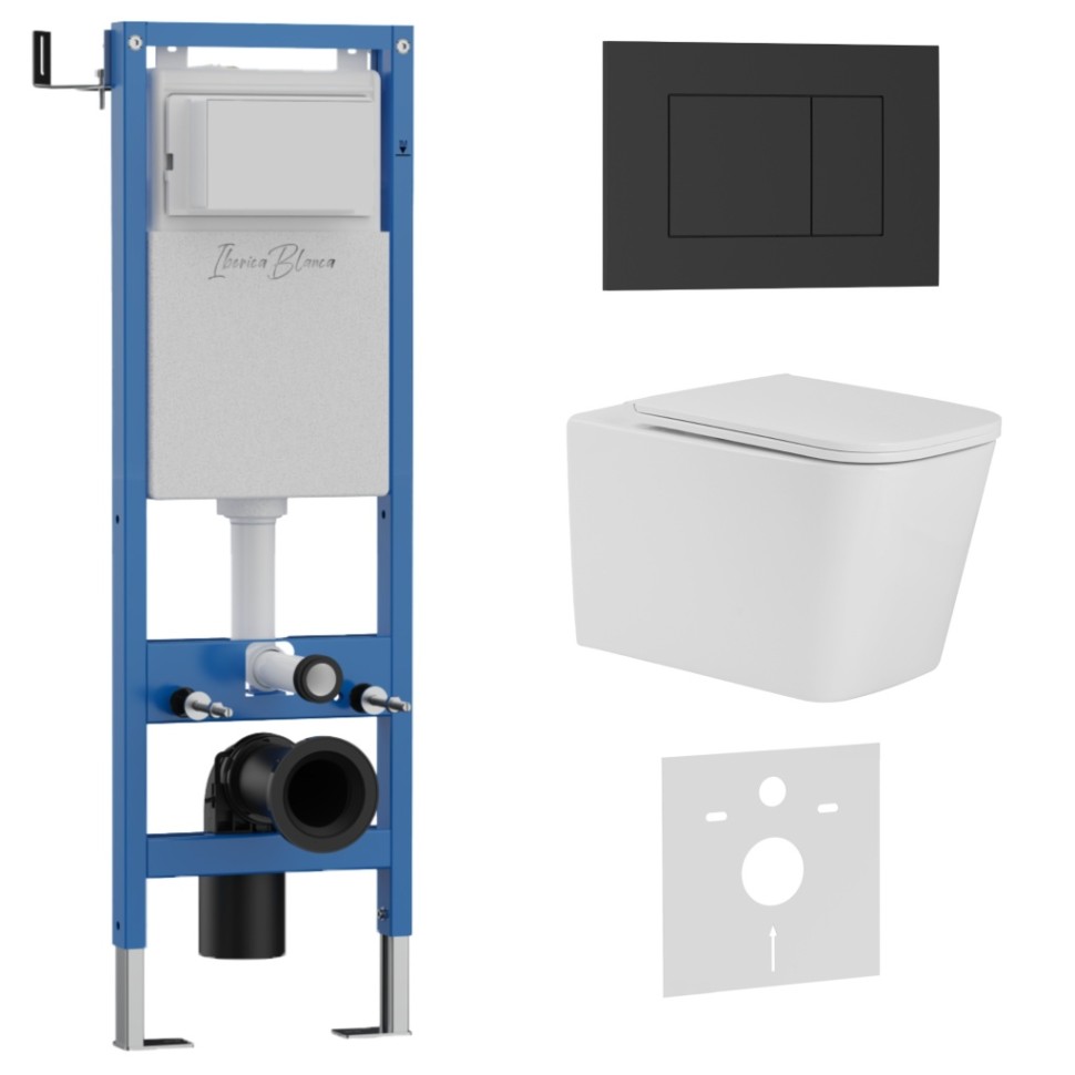 Комплект 3в1 IBERICA BLANCA инсталляция SILENCIO MINI, унитаз TOLEDO ALTO белый, кнопка смыва ESTI-S черный матовый (IB.001M.TLA.231.851)
