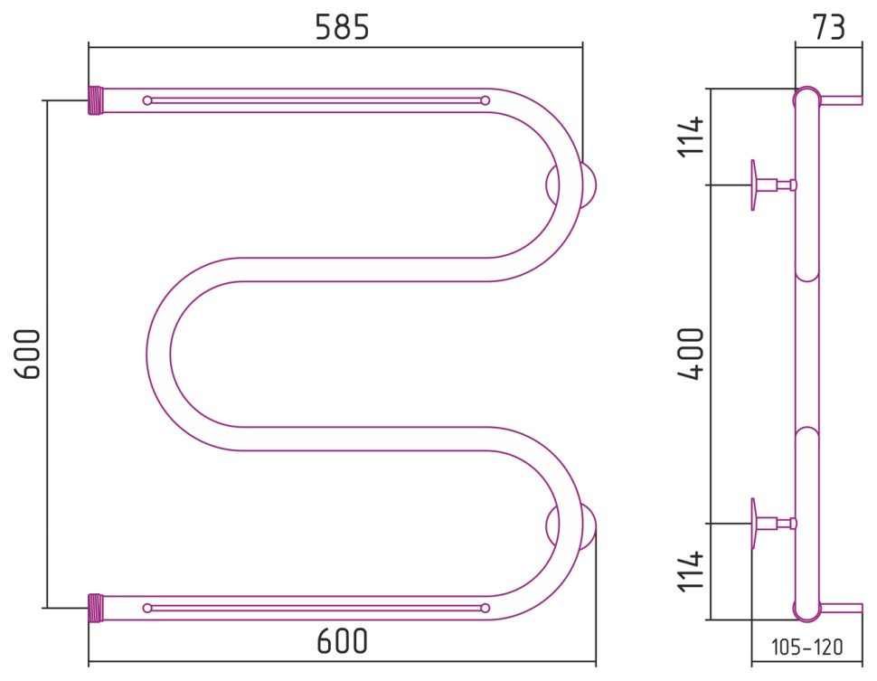М-образный 2 полки 600х600 резьба-сгон 1"
