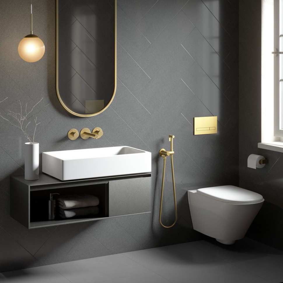 Смеситель для раковины встроенный с термостатом, с гигиеническим душем Timo Saona 2383/17SM золото матовое