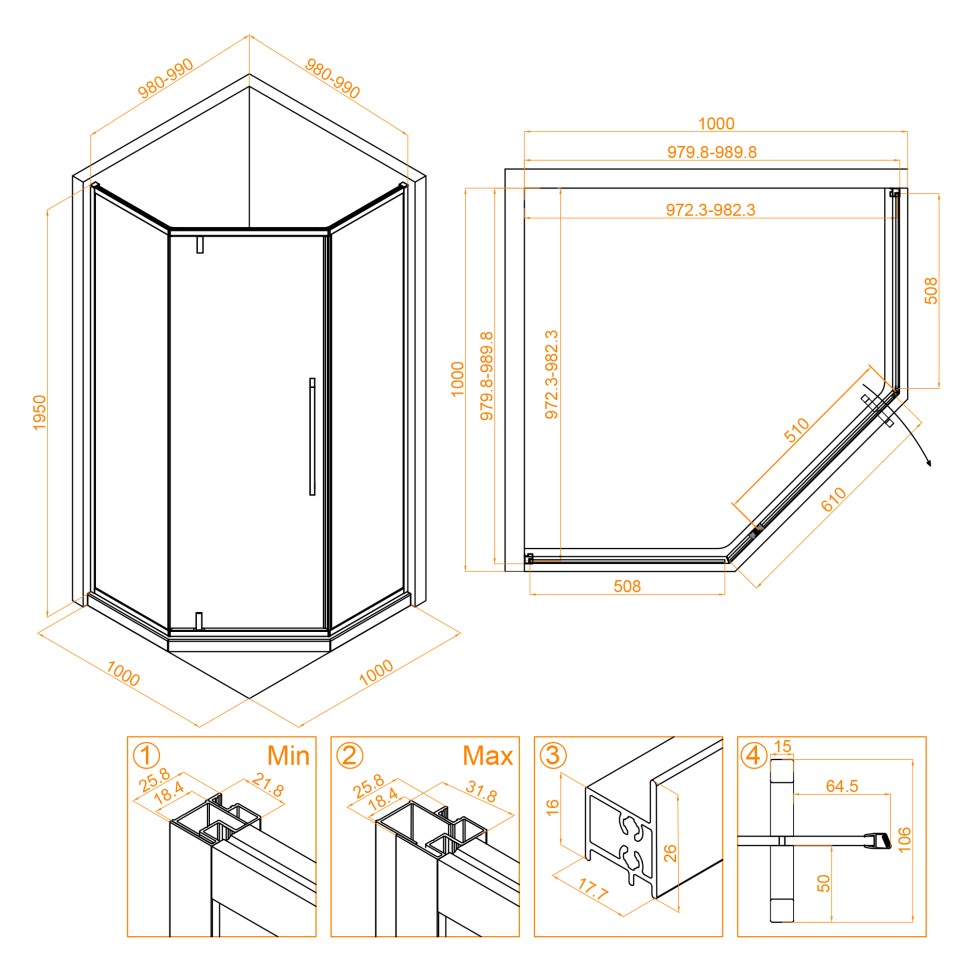 Душевой уголок RGW SV-81B (Прозрачное, 1000x1000)