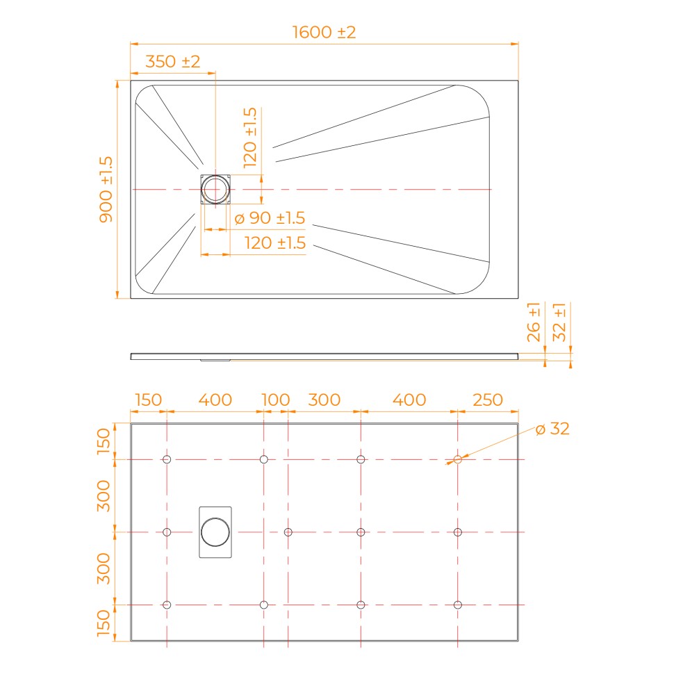 Душевой поддон прямоугольный RGW TSS-W Белый (900x1600)