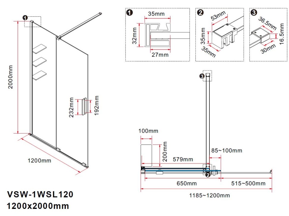 Душевая перегородка Walk-In VSW-1WSL120GSGM, 1200*2000, вороненая сталь, стекло янтарь