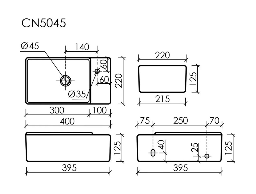 Умывальник подвесной прямоугольный (чаша слева, отверстие под смеситель справа) цвет черный матовый Element 395x220x125мм