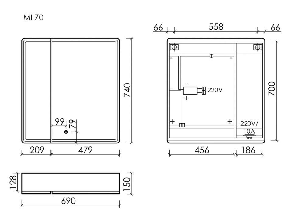 Зеркальный шкаф для ванной комнаты SANCOS Mirror 690x150х740 мм, с LED подсветкой, цвет дуб галифакс натуральный, с розеткойарт. MI70EG
