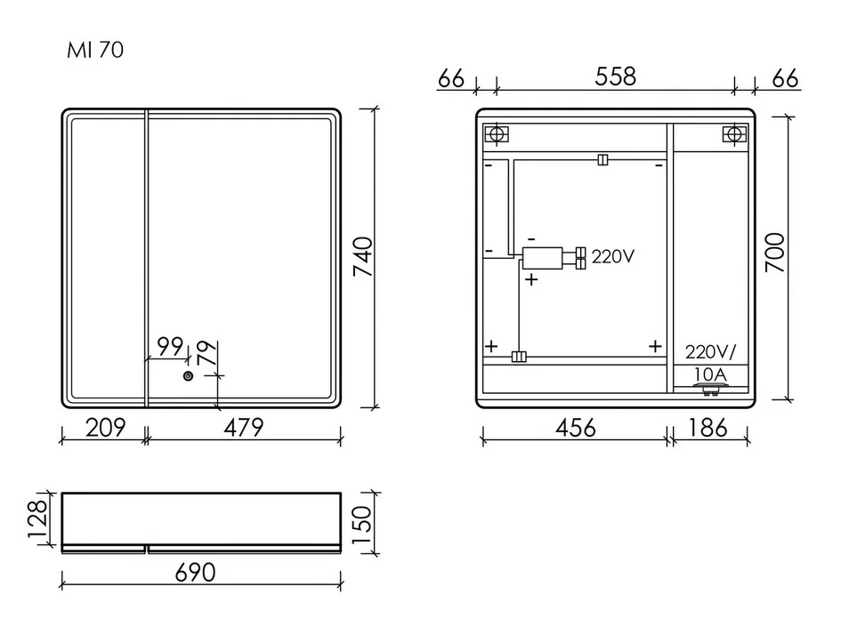 Зеркальный шкаф для ванной комнаты SANCOS Mirror 690x150х740 мм, с LED подсветкой, цвет дуб чарльстон, с розеткой, арт. MI70ECH