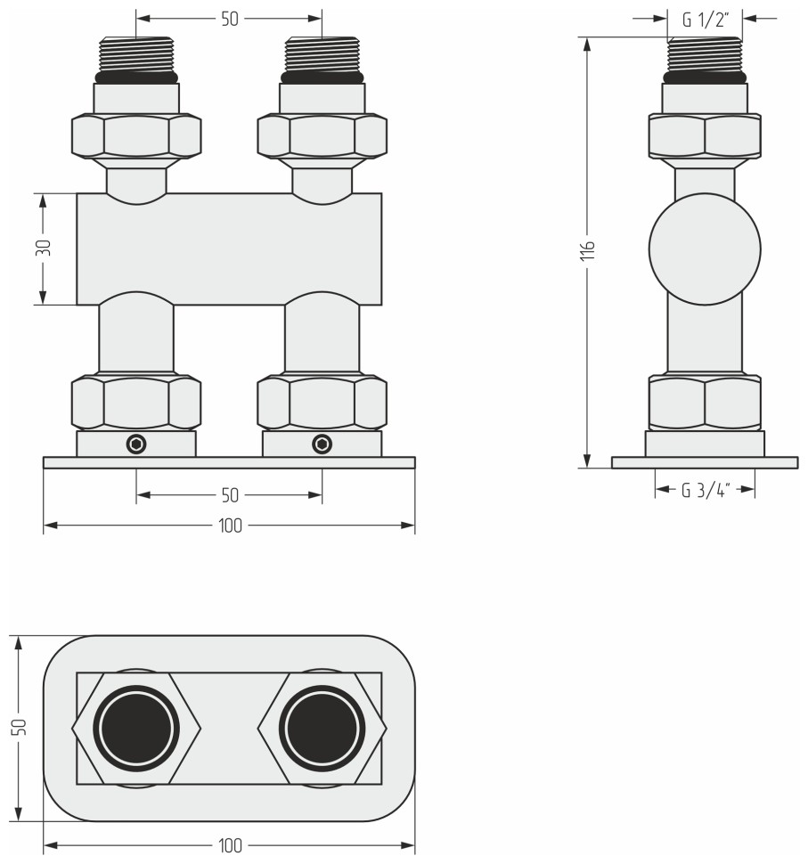 Модуль прямой EU50 (2 х НР G 1/2" / 2 х НГ G 3/4")