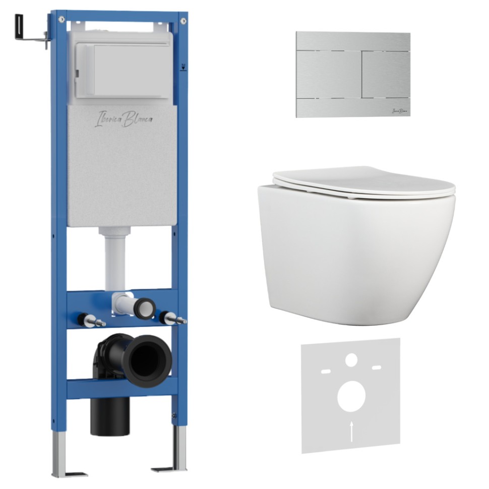 Комплект 3в1 IBERICA BLANCA инсталляция SILENCIO MINI, унитаз BILBAO ALTO белый, кнопка смыва INOX-R хром матовый (IB.001M.BLA.234.1501)