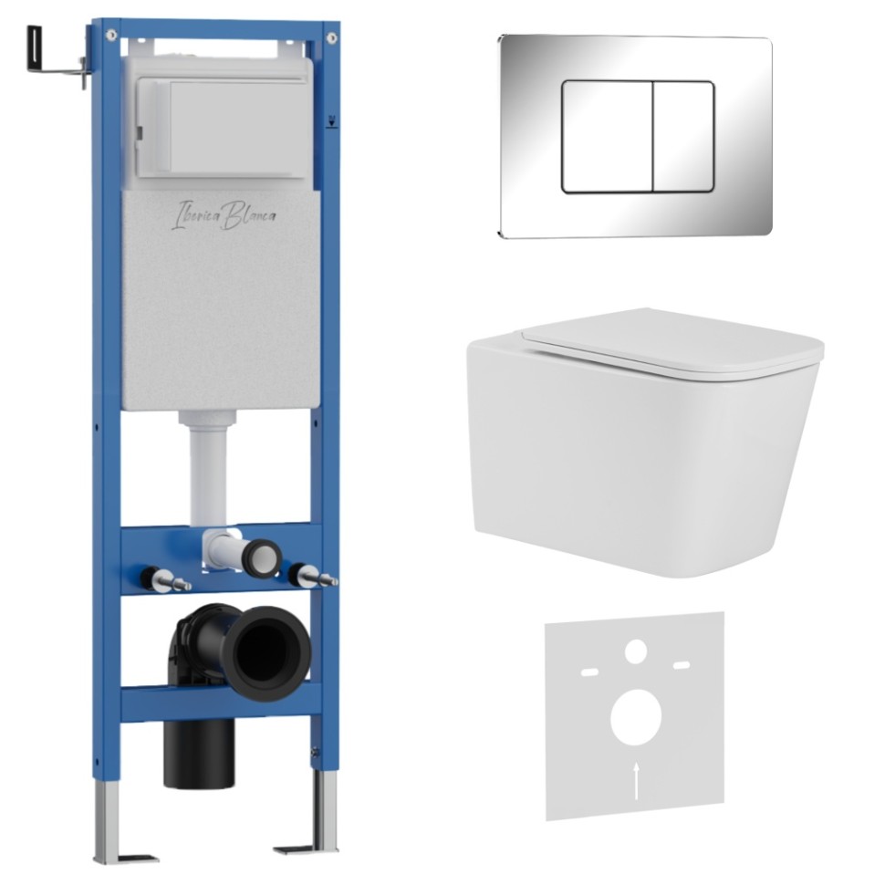 Комплект 3в1 IBERICA BLANCA инсталляция SILENCIO MINI, унитаз TOLEDO ALTO белый, кнопка смыва INOX-C хром глянцевый (IB.001M.TLA.234.1131)