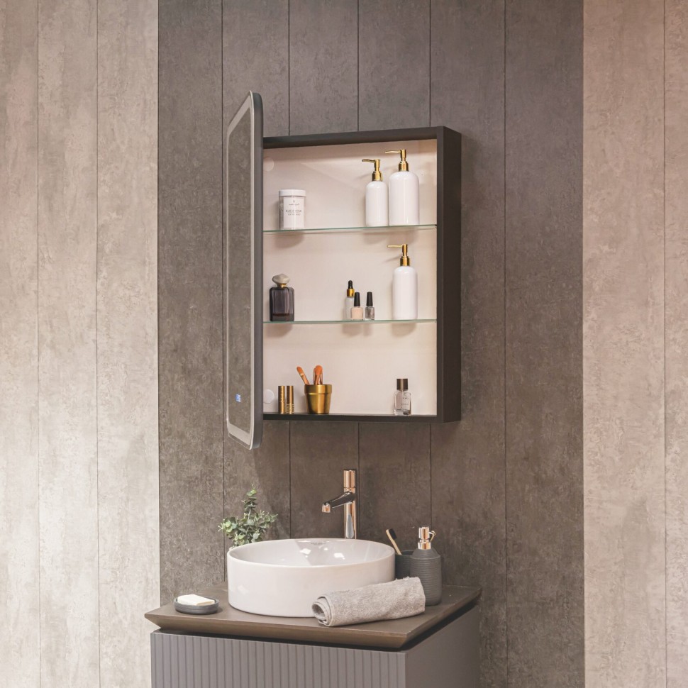 AQM9204 600х800 Зеркальный шкаф ЛЕВЫЙ с подсветкой, подогревом и часами, корпус Антрацит