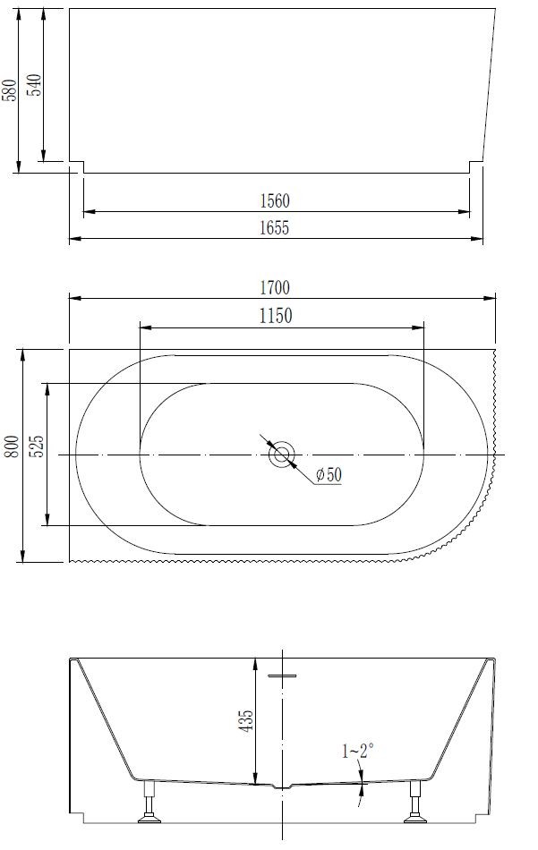 Ванна акриловая Vincea VBT-428-1700L, 1700*800*580, цвет белый, левая, щелевой перелив