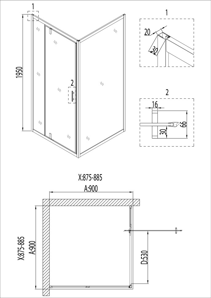 Душевое ограждение Niagara Nova NG-6801-08ВLACK (90х90х195) квадрат,черный,дверь распашная,стекло прозрачное,1 место