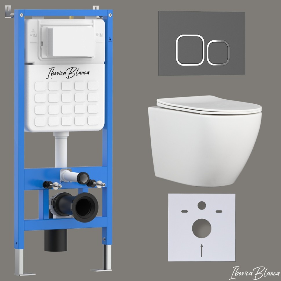 Комплект 3в1 IBERICA BLANCA инсталляция SILENCIO, унитаз BILBAO ALTO белый, кнопка смыва ESTI-Q серый матовый (IB001.BLA.234.837)