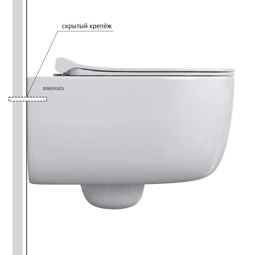 Унитаз BERGES подвесной EGO Rimless 49см, сиденье дюропласт Toma Slim SO, микролифт, быстросъем