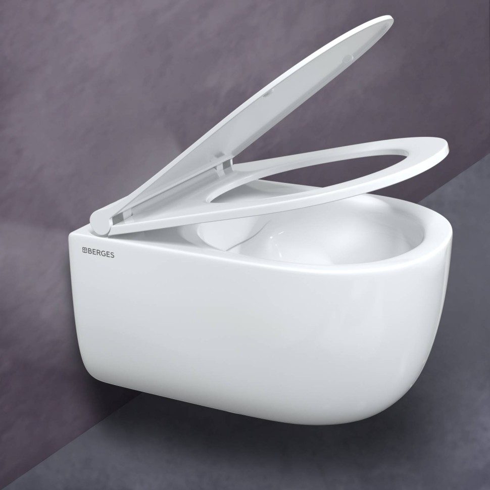 Унитаз BERGES подвесной EGO Rimless 49см, сиденье дюропласт Toma Slim SO, микролифт, быстросъем