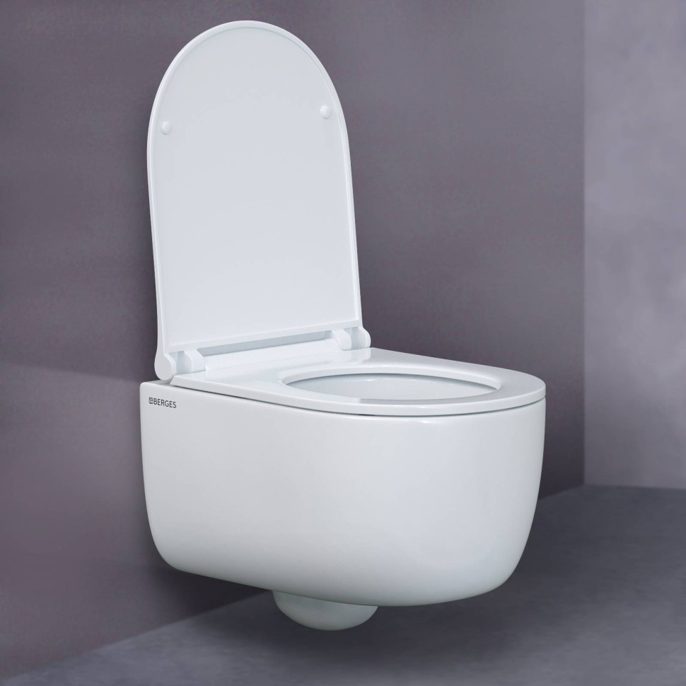 Унитаз BERGES подвесной EGO Rimless 49см, сиденье дюропласт Toma Slim SO, микролифт, быстросъем
