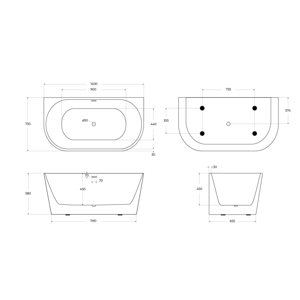 Акриловая ванна BELBAGNO BB710-1400-750
