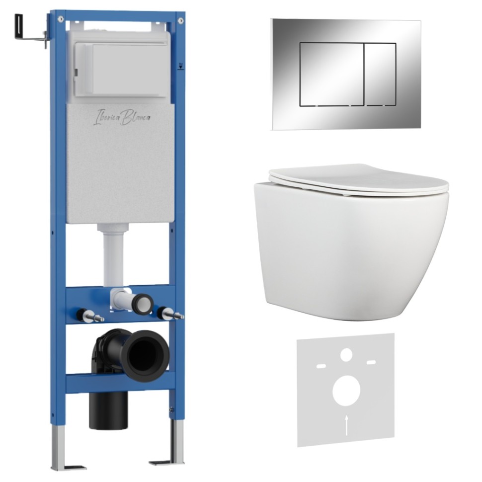 Комплект 3в1 IBERICA BLANCA инсталляция SILENCIO MINI, унитаз BILBAO ALTO белый, кнопка смыва ESTI-S хром глянцевый (IB.001M.BLA.231.852)
